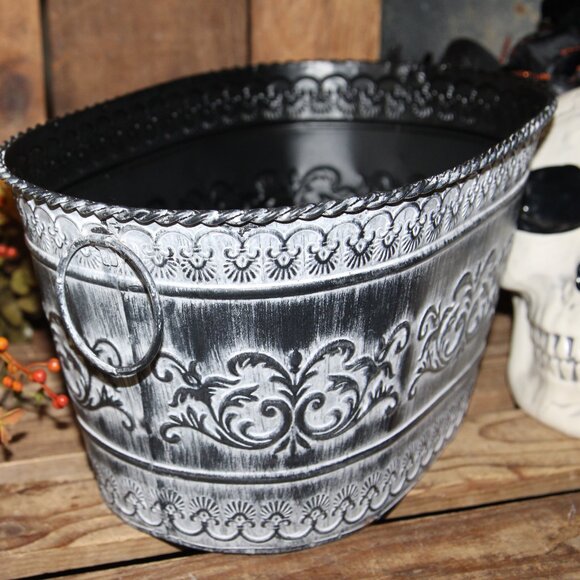 NEW Ornate Black & White French Country Gothic Halloween Metal Bucket w/Handles - Picture 3 of 9